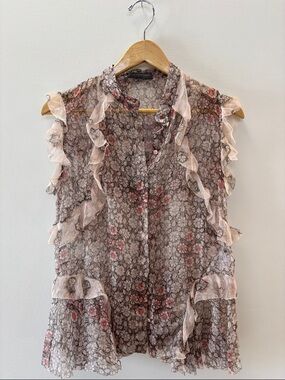 Alexander McQueen Pink Floral Sheer Ruffle Camisole